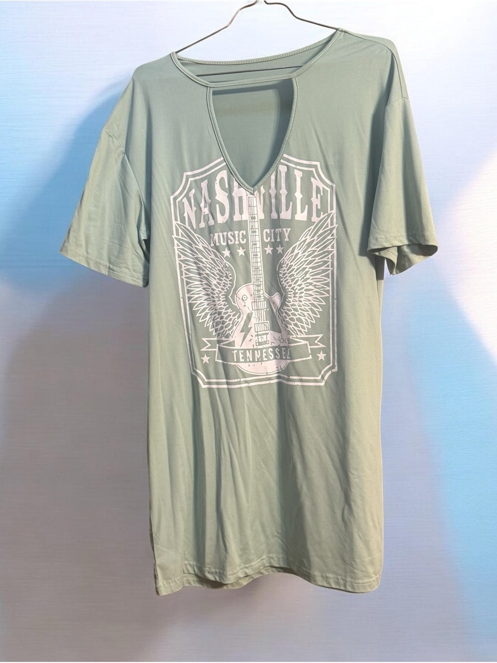 Nashville Graphic Keyhole Neck Tee - Sage Green